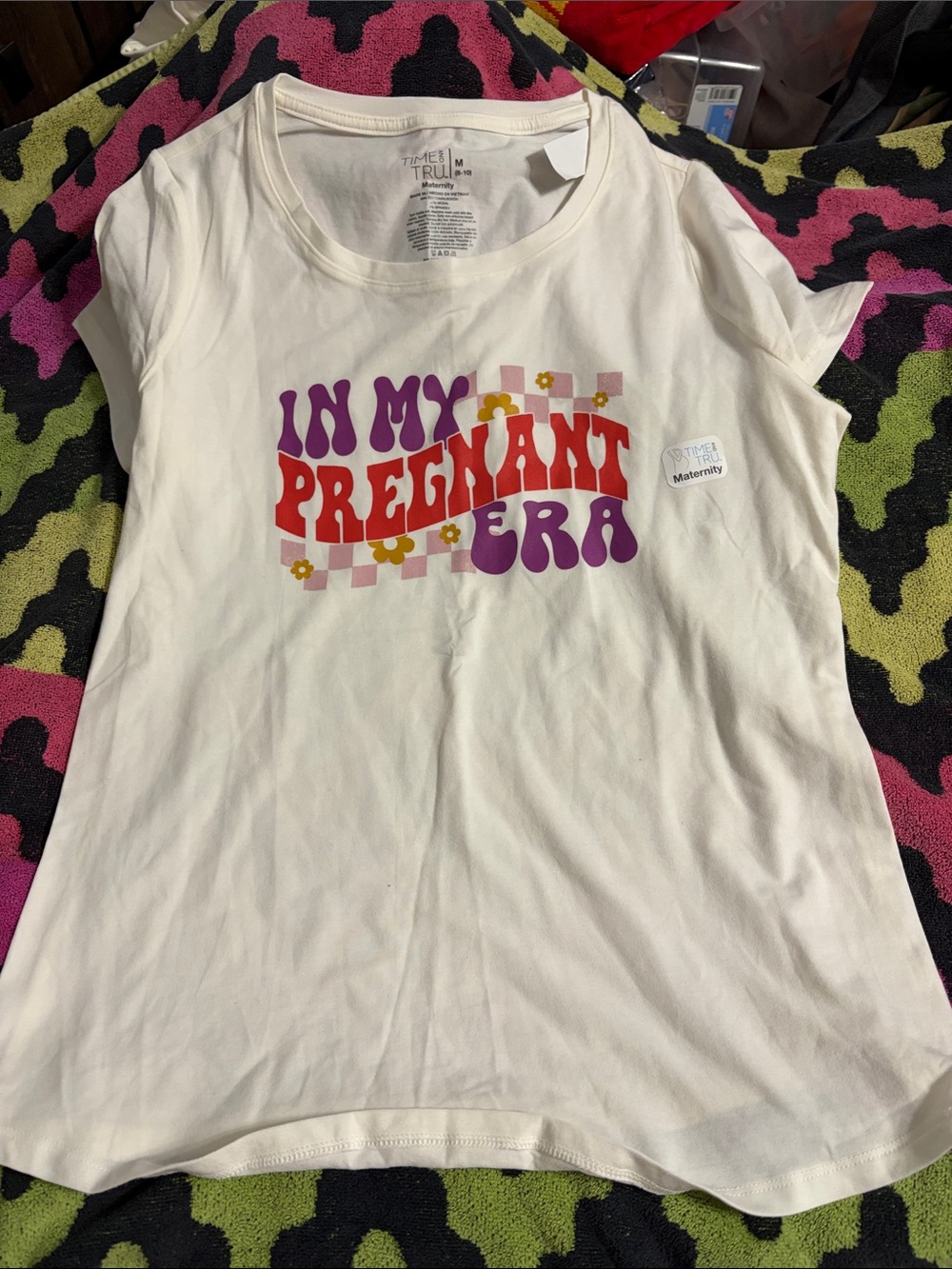 Time and Tru Cream Graphic Tee with Red and Purple Retro Lettering